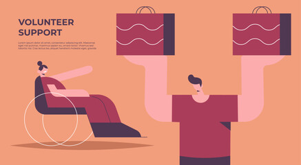Mutual Support. Buying groceries for ill neighbor. Man carrying shopping bags for women on wheelchair. Metaphor of voluntary, collaborative exchanges of services. Flat vector illustration.