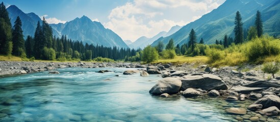 Turquoise River Flowing Through Altai Mountain Landscape Offers Serene and Refreshing Scenery - obrazy, fototapety, plakaty