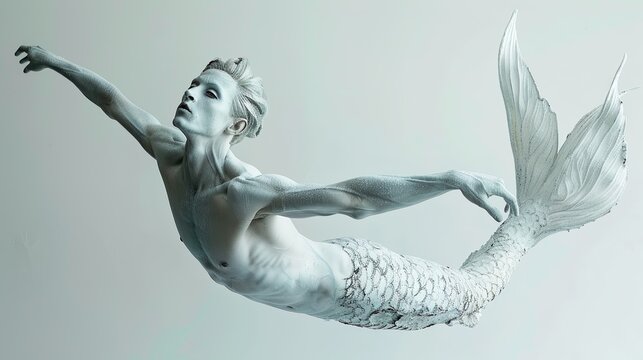 muscular merman in white body paint posing dramatically