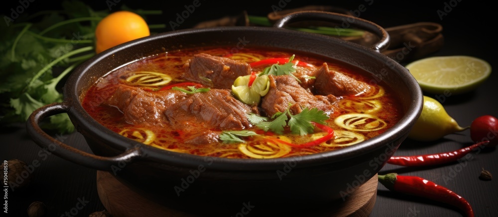 Poster savory nihari curry with tender meat and noodles in a spicy bowl of authentic pakistani cuisine