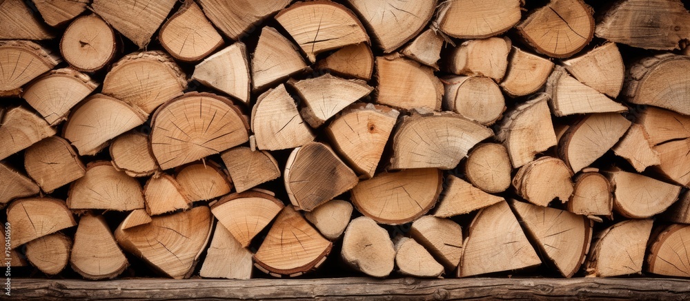 Poster stacked wood logs: natural background of various timber pieces arranged in a pile
