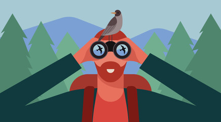 Man with Binoculars Enjoying Bird Watching in the Forest, Exploring Nature and Outdoor Adventure Activity Concept, Vector Flat Illustration Design