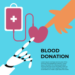World Blood Donor Day. Blood donation with Robot. Donate blood, save a life. June 14. World Blood Donor Day. Background, poster, banner, flyer. Flat vector illustration. - obrazy, fototapety, plakaty