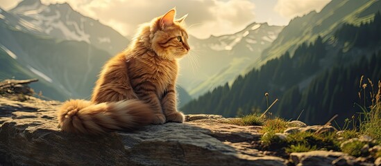 Graceful Cat Relaxing on Rocky Terrain in the Breathtaking Mountain Wilderness