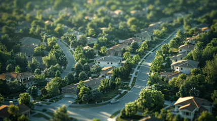 Aerial view of a suburban neighborhood with residential houses, roads, trees, and shadows casting soft glows on rooftops during sunset, creating a peaceful community atmosphere.