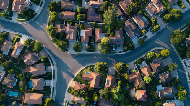 Aerial view of a residential neighborhood with winding streets, capturing the detailed layout of houses, backyards, and roadways in the soft light of early morning or late afternoon.