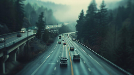 The photo has a blur of cars and trucks on the road 