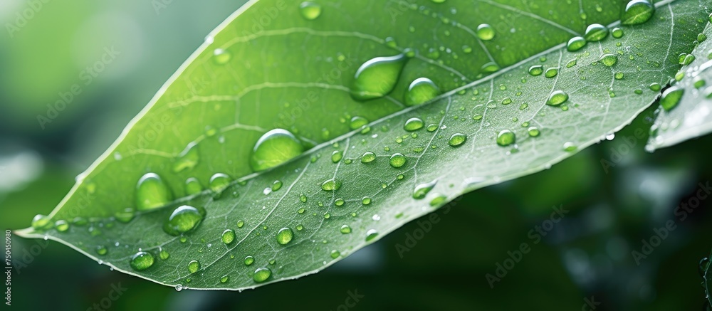 Poster Glistening Green Leaf with Pristine Water Droplets in Morning Sunlight, Nature's Refreshing Beauty