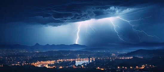 Naklejka na ściany i meble Dramatic Lightning Storm Strikes Rio Cityscape with Deafening Thunder in Matte Night Picture