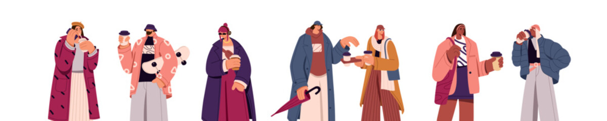 People carry takeaway paper coffee cup set. Fashion characters hold takeout hot drinks. Men and women walk with mug of tea, americano, cappuccino in hands. Flat isolated vector illustration on white