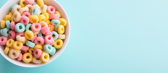 Obraz premium Vibrant Cereal Rings in a Bowl on Blue Background - Delicious and Colorful Breakfast Concept
