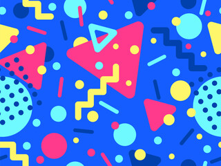 80s seamless pattern with geometric shapes in memphis style. Circles and triangles. Colorful abstract background for printing on promotional items, banners and wrapping paper. Vector illustration