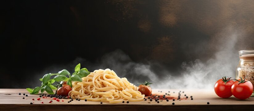 Rustic Pasta and Vine-Ripened Tomatoes Arranged on a Wooden Table
