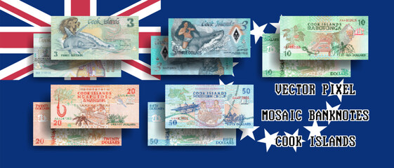 Vector set pixel mosaic banknotes of Cook islands. Collection notes of 3, 10, 20 and 50 dollars denomination. Obverse and reverse. Play money or flyers.