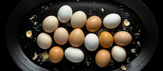 Artistic Composition of Chicken Eggs in a Black Bowl on a White Background
