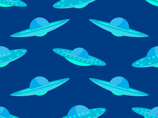 Seamless pattern with alien spaceships. Background with UFO and space flying saucers. UFO in the form of a saucer with lights. Design for print, banners and advertising. Vector illustration