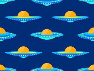 Seamless pattern with alien spaceships. Background with UFO and space flying saucers. UFO in the form of a saucer with lights. Design for print, banners and advertising. Vector illustration