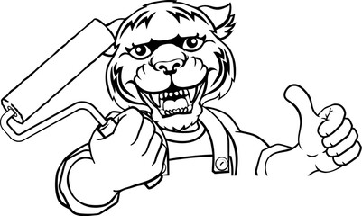 A tiger painter decorator handyman cartoon construction man mascot character holding a paint roller tool
