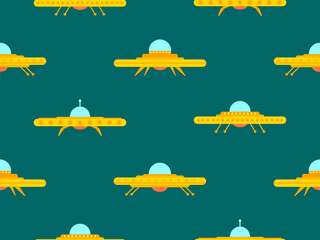 Ufo seamless pattern in flat style. Background with alien spaceships and space flying saucers. Alien spaceships. Design for print, banners and advertising. Vector illustration