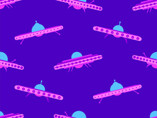 Naklejka premium Seamless pattern with UFO in flat style. Background with alien spaceships and space flying saucers. Alien spaceships. Design for print, banners and advertising. Vector illustration