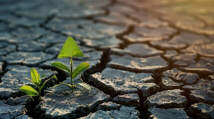 A vibrant green sprout emerges from cracked, parched earth, symbolizing new life and the promise of a sustainable, eco-conscious future amidst environmental challenges. - obrazy, fototapety, plakaty