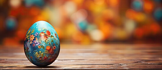 Vibrantly Decorated Easter Egg Displayed on Rustic Wooden Table for Festive Celebrations