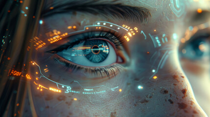 Close-up of a human eye with futuristic digital overlays, representing concepts of technology, cybernetics, and augmented reality in a vibrant visual.