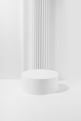 One white round podium with striped column as geometric decor, mockup on white background. Template for presentation cosmetic products, gifts, goods, advertising, design, showing, soft summer style.