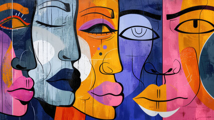 Artistic modern abstract cubism face in monochrome with bright patches of indigo, coral, chartreuse, gold rod, and lavender, retro colors. Illustration for creative design
