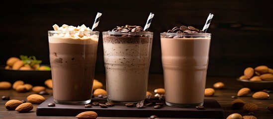 Indulgent Trio: Rich Chocolate Milkshakes Garnished with Crunchy Nuts and Smooth Chocolate Drizzle - obrazy, fototapety, plakaty