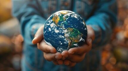 Person holding a small globe in their hands. Suitable for educational and travel concepts