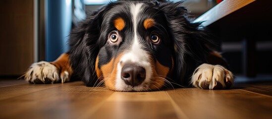 Adorable Bernese Mountain Dog Poses on Kitchen Floor Gazing Curiously at Camera - obrazy, fototapety, plakaty