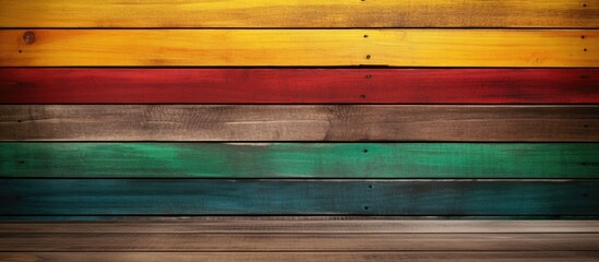 Vibrant Reggae Colored Painted Wood Planks on a Rustic Wooden Wall Background