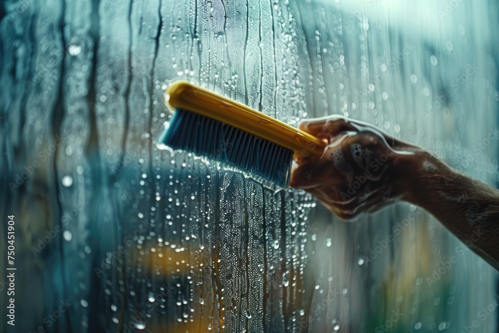 Poster A person holding a brush in front of a window. Suitable for art and creativity concepts