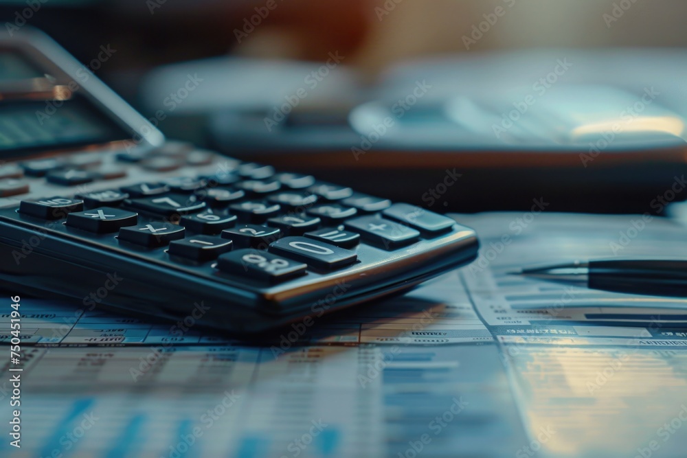 Poster Office desk with calculator and pen, useful for business concepts