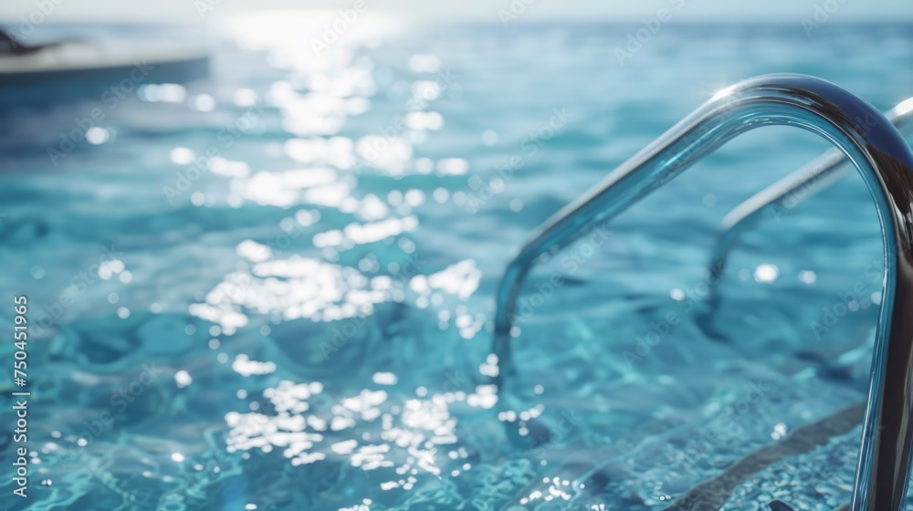 Poster a close up of a swimming pool with a boat in the background. ideal for travel and leisure concepts