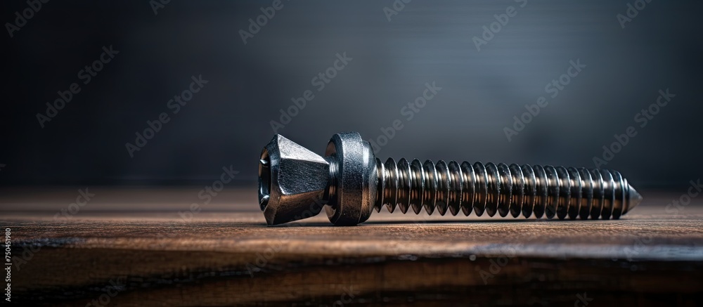 Aufkleber industrial fastening tool resting on rustic wooden surface with blurred background