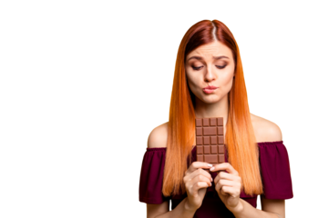 I'm so hungry now! Close up photo portrait of cute confused attractive pretty with long straight hair lady looking at chocolate bar in hand isolated on bright vivid background copy space