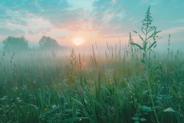 Sun setting over a field of tall grass, suitable for nature backgrounds