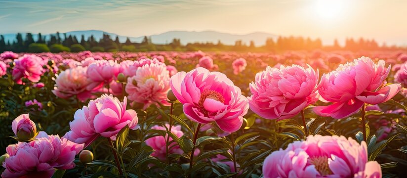 Vibrant Peony Field Glowing Under a Radiant Sun - A Breathtaking Display of Nature's Beauty