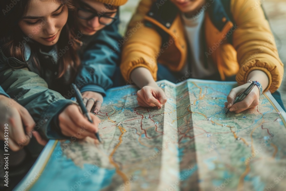 Poster people gathered around, examining a map. suitable for travel or navigation concepts