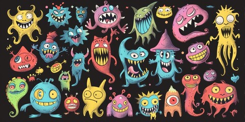 A group of colorful cartoon monsters on a dark backdrop. Ideal for children's designs and Halloween projects