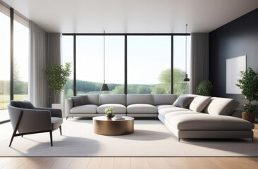 interior of a large living room with sofas and armchairs, a coffee table and floor-to-ceiling windows. Bright room, minimalism
