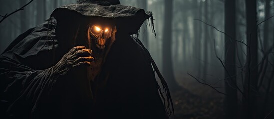Mysterious Scarecrow Lurking in the Night with Glowing Candle, Ready to Haunt the Forest Trail - obrazy, fototapety, plakaty