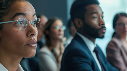Obraz premium A group of people attending , listening to a speaker, with a conference room