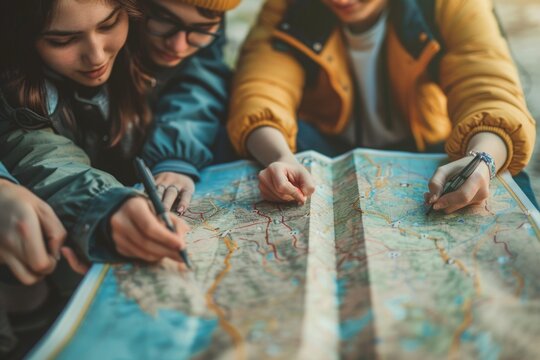 People gathered around, examining a map. Suitable for travel or navigation concepts