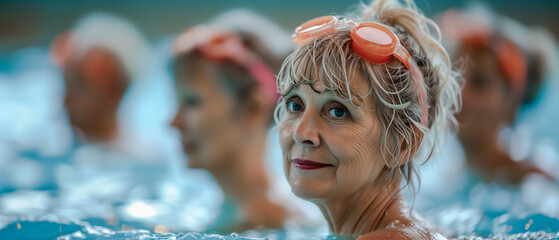 A group of vibrant and diverse mature women, ranging from different ethnicities and backgrounds, laughing and splashing in a crystal clear pool as they participate in an aqua gym class