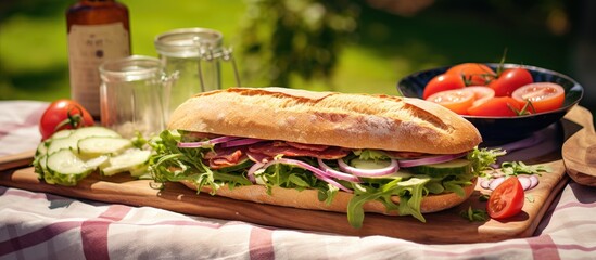 Fresh Ciabatta Baguette Sandwich with Lettuce and Tomatoes on a Rustic Cutting Board