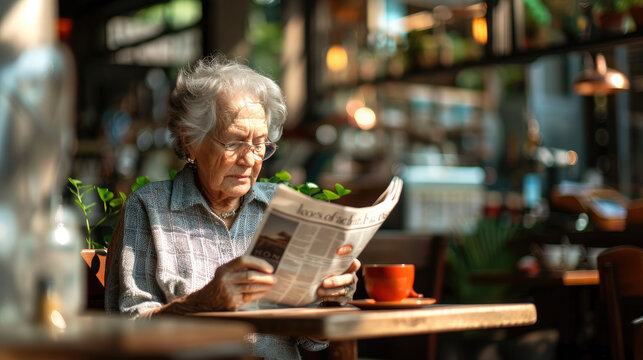 A old woman reading a newspaper, with a coffee shop in the background