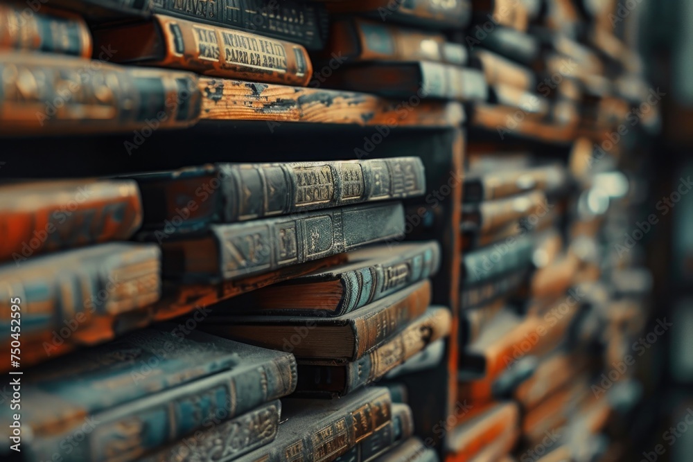 Aufkleber a stack of books on a wooden shelf. ideal for educational and library concepts